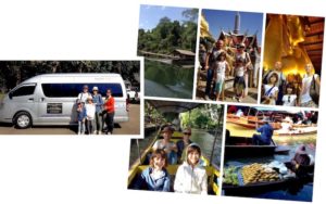Alcune immagini del Tour: i nostri ottimi minivan VIP, Palazzo reale di Bangkok, il Buddha sdraiato al Wat Po, il mercato galleggiante Damnoen Saduak e il fiume Kwai noi che taglia la giungla.