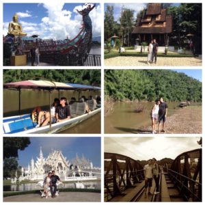 Alcune immagini del viaggio di nozze: il ponte sul fiume Kwai, il tempio bianco di Chiang Rai, la casa nera, il triangolo d'oro e la motolancia sul fiume Kok.